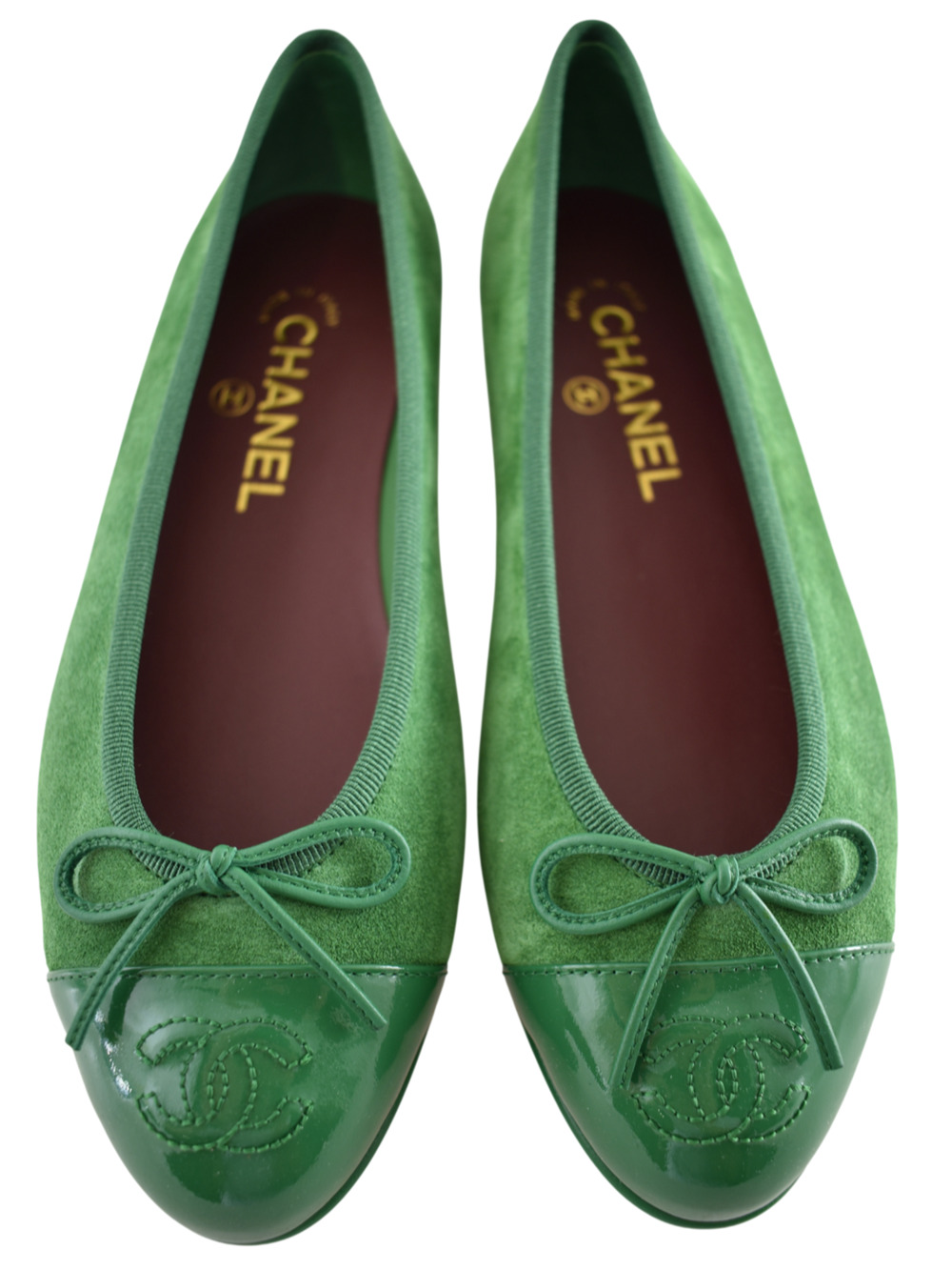 Chanel 26A Green Suede Patent Leather CC Logo Bow Tie Ballet Ballerina Flat 36 - Picture 1 of 16